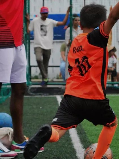 A player from our U-9 team takes a shot on goal. My program is designed to develop goal-scorers and confident attackers.