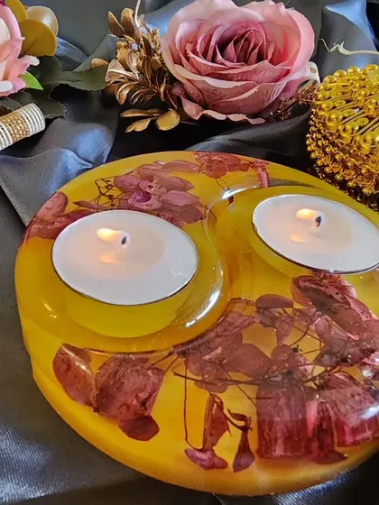 Another view of the yellow floral tealight holder, a classy and elegant gift for your loved ones.