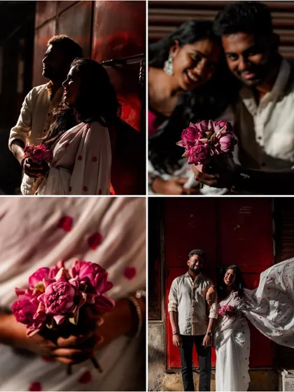 A collage from a romantic pre-wedding shoot on the streets of Bengaluru, capturing the couple's love story with an artistic and moody vibe.