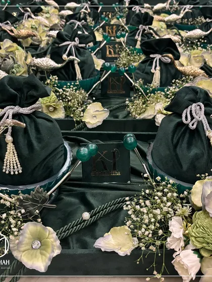 A pair of Heron Bowl hampers, showcasing how they look as a set. The custom "KF" initial cards add a personalized touch for the couple's special day.