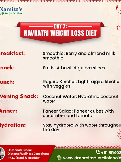 Here is the diet plan for Day 7. A berry and almond milk smoothie, rajgira khichdi for lunch, and a fresh paneer salad for dinner will provide you with steady energy and essential nutrients.