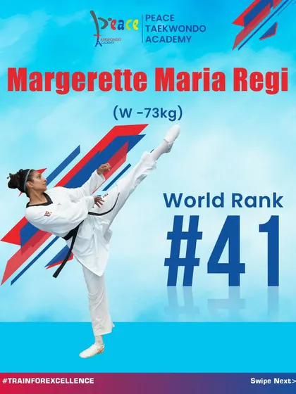 World Rank #41, Margerette Maria Regi, demonstrates a perfect high kick. Her technical skill and competitive success are a direct result of her hard work and our elite training program.