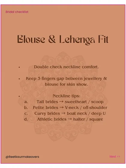 A checklist tip on blouse and lehenga fit. Double-check neckline comfort and follow my tips for the most flattering necklines for your body type.