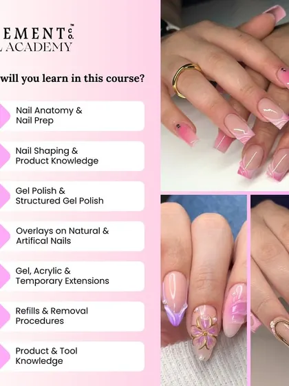 A detailed look at what you'll learn in our comprehensive course. We cover everything from nail anatomy and prep to advanced extensions, refills, removals, and even the soft skills needed for your business.
