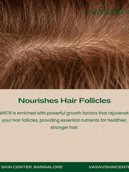This image provides a close-up view of how QR678 nourishes hair follicles. The formula is enriched with powerful growth factors that provide essential nutrients for producing healthier, stronger hair strands.