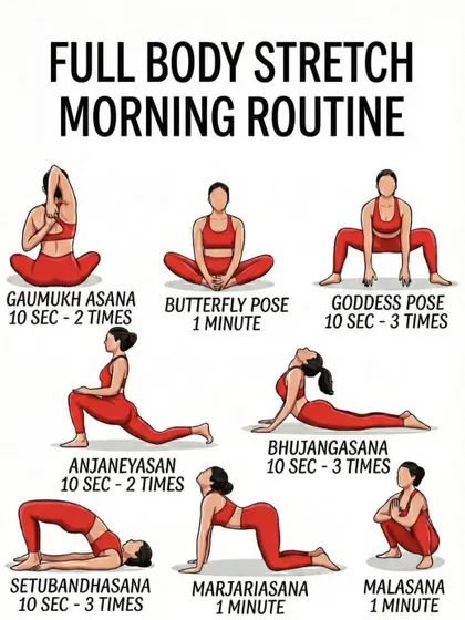 This chart outlines a perfect full-body stretch for your morning routine. It includes poses like Gomukhasana (Cow Face Pose) and Marjariasana (Cat-Cow Stretch) to wake up your body and release any stiffness from the night.