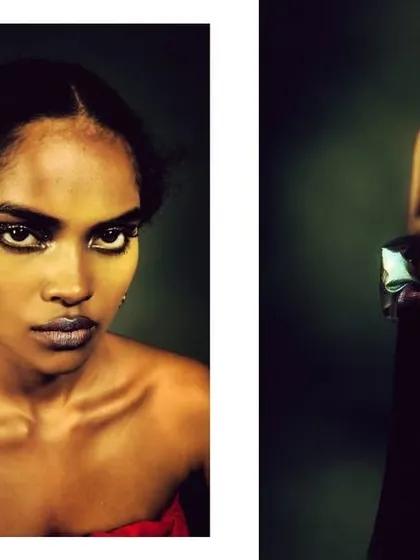 A diptych pairing a direct, intense close-up with a full-body seated portrait. This combination offers both an intimate connection and a complete view of the styling.