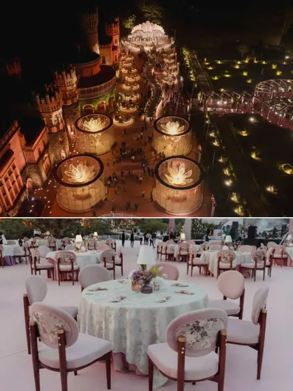 A collage showing the massive illuminated lounges in front of the castle and a close-up of the elegant table settings.
