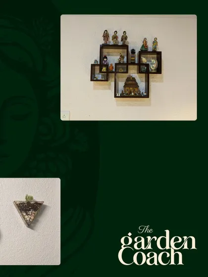 The small details matter. Here, a geometric wall planter and a curated shelf of figurines add a personal touch to the client's home, complementing the larger garden design.