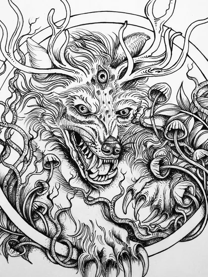 A slightly different take on the 'Fenrus' wolf drawing, showing the raw ink work on paper.