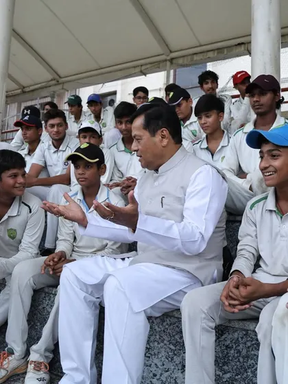 The Hon'ble Minister Shri Sarbananda Sonowal interacts with our young cricketers. These interactions with accomplished individuals provide invaluable encouragement and inspiration, showing our players what is possible with dedication and respect for one's mentors.