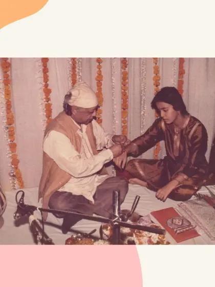 A sacred moment from my Ganda Bandhan ceremony, where my Guru, the legendary Ustad Alla Rakha "Abbaji", tied the traditional thread, accepting me as his disciple.