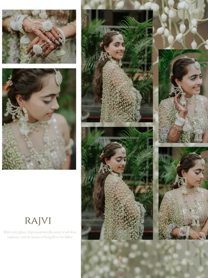 A beautiful collage dedicated to the bride's Mehendi look, highlighting her intricate floral jewelry and the delicate details of her outfit.