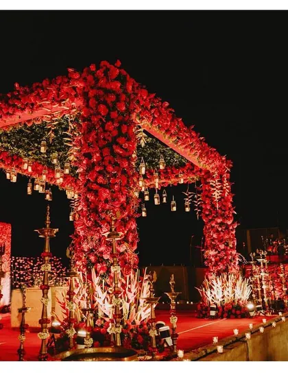 The mandap is the heart of the wedding, and we made this one a masterpiece of red roses. The sheer density of flowers created a rich, romantic, and absolutely breathtaking setting for the couple to say their vows.