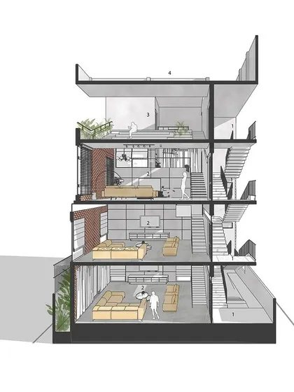 This cross-section of the 'Triode' project shows how the mezzanine levels create dynamic, interconnected living spaces within each duplex. It illustrates our solution for creating both openness and intimacy in a multi-family building.
