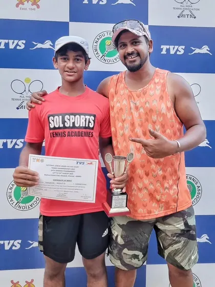Our founder Suraj Bikkannavar with our player Aradhya Kshitij, who at just 14 years old, secured a finalist trophy at the prestigious U18 Nationals in Chennai.