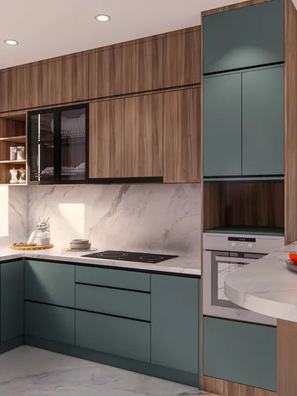 This angle shows the built-in oven and the combination of open and closed storage in the 'Eleganza' kitchen.