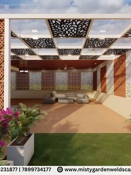 A beautiful 3D render of a semi-covered terrace, featuring a stylish pergola, lush greenery in planters, and an artificial lawn, creating a perfect blend of hardscape and softscape.
