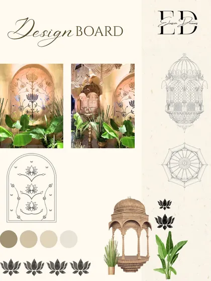 The design board for the event, showing the inspiration, color palette, and key motifs like the jharokha and lotus that defined the 'Whispering Willows' theme.