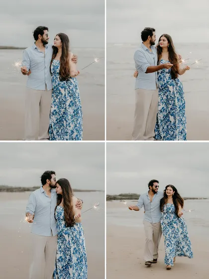 A collage of their sparkler moments on the beach. These four frames showcase their joy, connection, and the celebratory mood of their pre-wedding shoot.