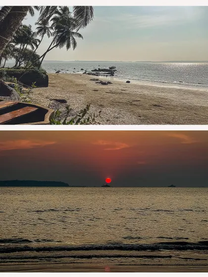 A collage showing the serene beach and a beautiful sunset, setting the perfect scene for a destination wedding in Goa.