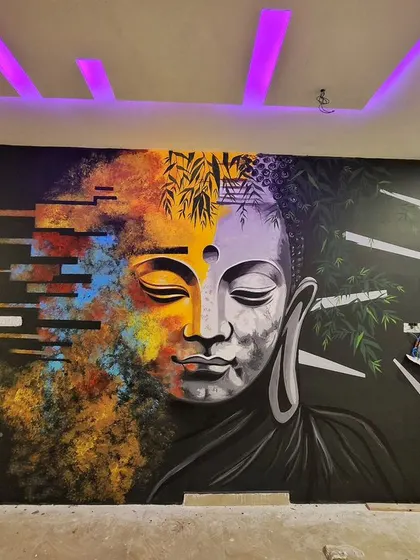A wide view of the abstract Buddha mural we created for a spa, showing how it commands the entire wall and creates a serene focal point between two doors.