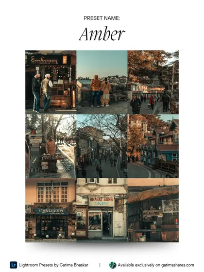A collage showcasing the 'Amber' preset. It demonstrates the preset's versatility on different street scenes, from storefronts to busy roads.