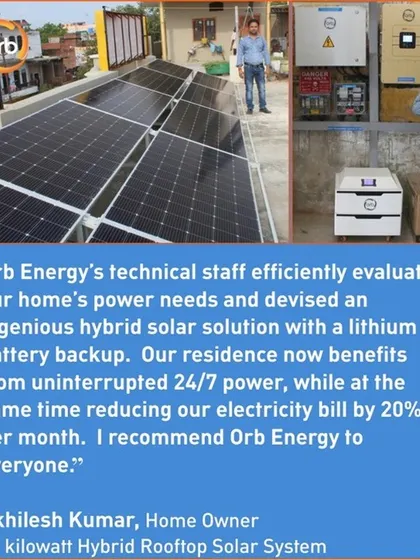 For his home in Uttar Pradesh, Mr. Akhilesh Kumar needed 24/7 power. We designed a 10 kW hybrid rooftop solar system with lithium battery backup, providing uninterrupted power and reducing his bill by 20%.