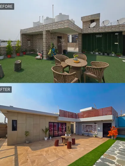 A simple, furnished terrace gets a complete architectural makeover. We designed a new structure with a modern aesthetic, creating a seamless indoor-outdoor flow and a more cohesive and luxurious feel.