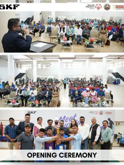 The opening ceremony of the 'Meet the World by SKF' tournament, a celebration of youth, inclusion, and global opportunity for young footballers from across India.