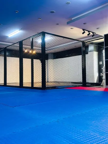 The MMA cage at our HSR Layout facility, a key feature for our competitive fight team.