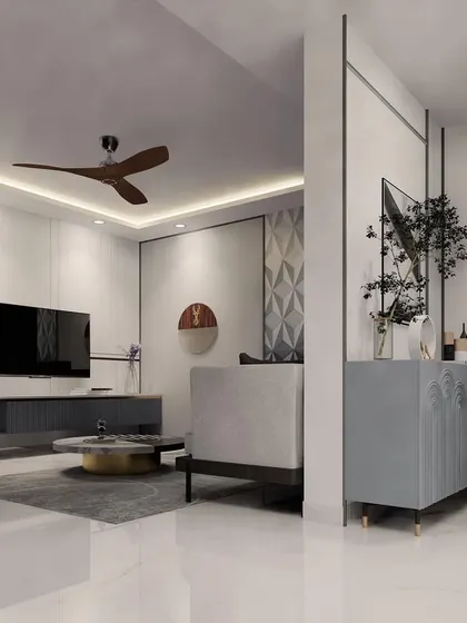 The living room from our 'Earthy Minimalist' series, featuring a low-profile TV unit and subtle 3D wall paneling for a touch of texture.