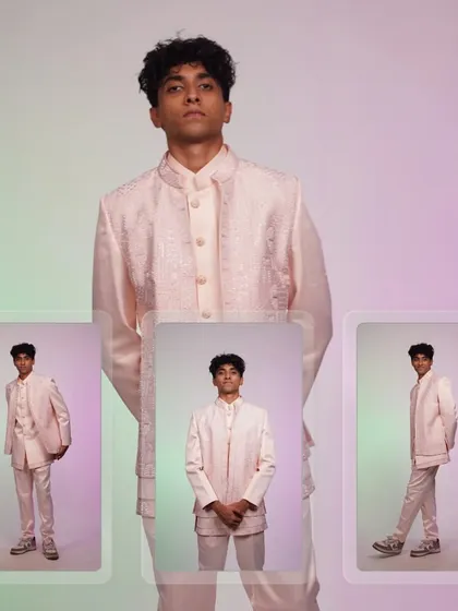 A collage of the pink Indo-western set, showing off its modern design and soft, elegant color.