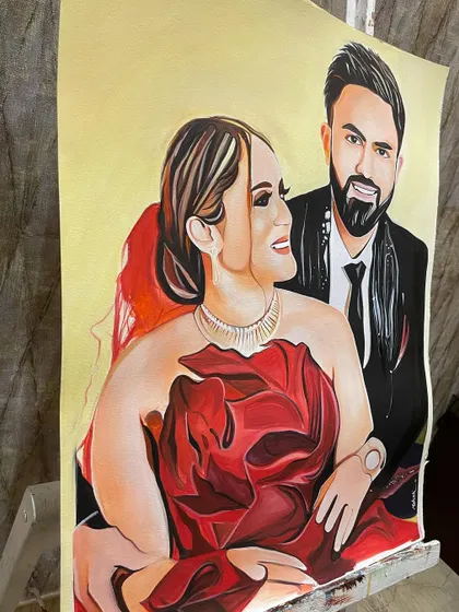 Here is the same custom portrait on my easel, showing the scale of the 16x23 inch artwork before it's framed. I use high-quality art paper that holds the rich poster colors beautifully.
