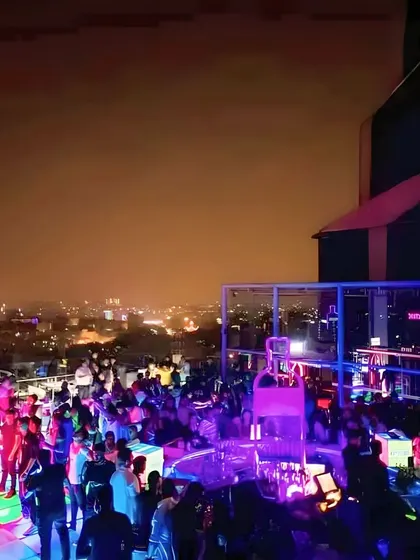 The party in full swing at Skyye, with the city lights twinkling in the background. An epic night.