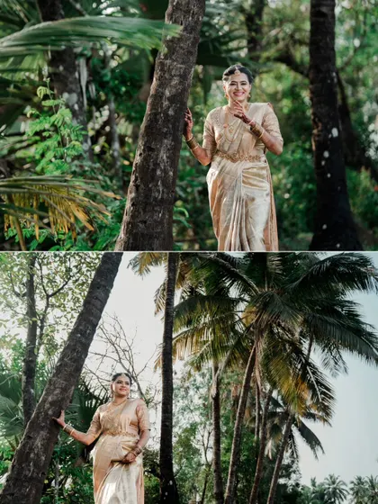 A collage of a bride in a golden saree, posing gracefully in a tropical, wooded area.
