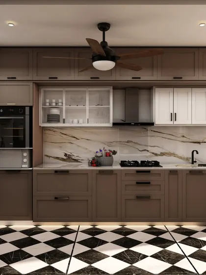 The main kitchen area features taupe cabinets, a marble backsplash, and a checkered floor, creating a modern yet classic look.