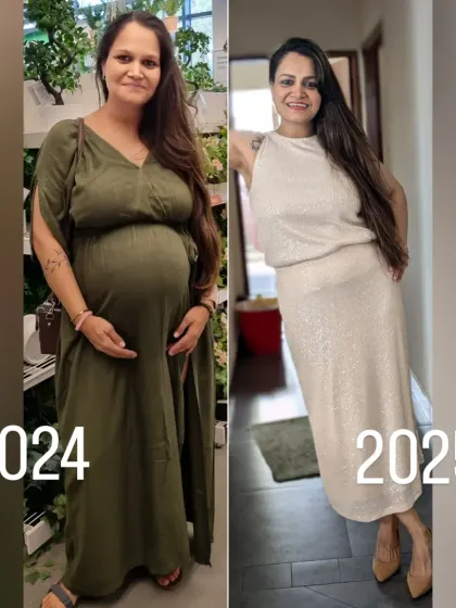 A before-and-after comparison showing my body during pregnancy in 2024 and my postpartum recovery. This has been quite a journey of fitness, health, and balance.