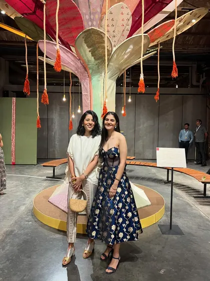 Posing with a friend at the Benarasi weave exhibition. Her modern Benarasi dress and my chic co-ord set show two different ways to style traditional Indian elements.