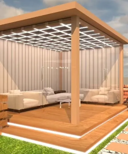 A concept for a glass-enclosed seating area on a raised wooden deck. The design provides a protected space to relax while still feeling connected to the outdoors.