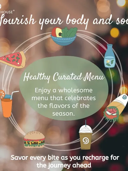 Our healthy curated menu is designed to nourish your body and soul. We offer a wholesome selection that celebrates the flavors of the season, helping you recharge for the journey ahead.