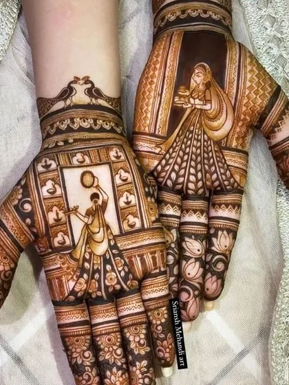 The essence of the Karwa Chauth ritual. This design features a woman with the pooja thali and the chhalni, ready to break her fast. It’s a timeless scene that I love to create with fine, detailed work.