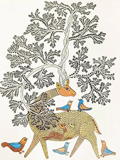 This Gond artwork by Lakshit Mukhiya tells a story of nature's harmony. A deer, whose antlers transform into a tree, is surrounded by birds, all rendered with the distinctive dots and dashes of Gond painting.