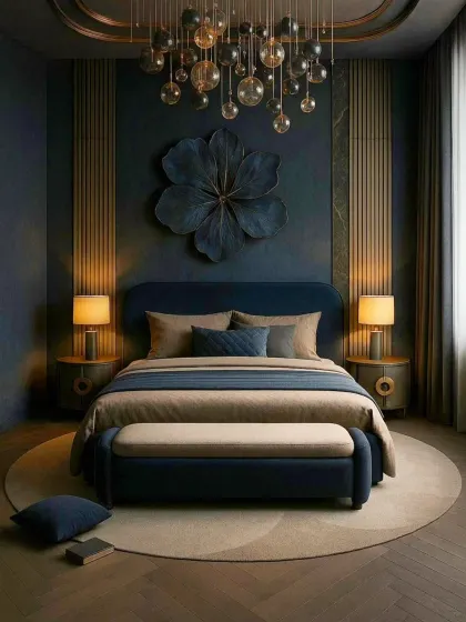 This bedroom showcases a dramatic and elegant design with a deep blue accent wall and a striking 3D floral sculpture. The gold accents in the lighting and paneling add a touch of warmth and luxury.
