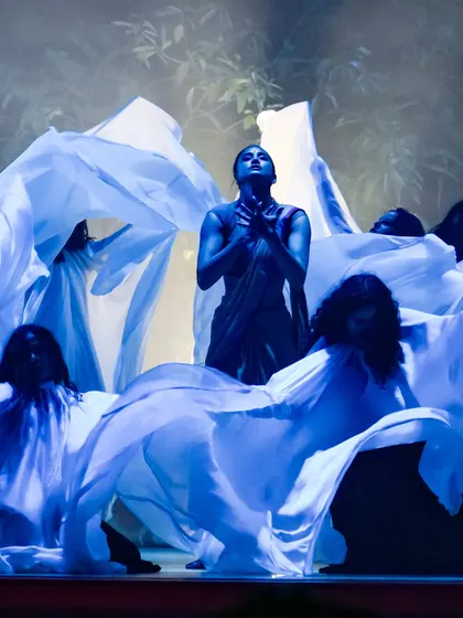A visually stunning scene from 'Sitayana', using fabric and group dynamics to create a powerful stage picture. I focus on creating memorable visuals in my stage choreography.
