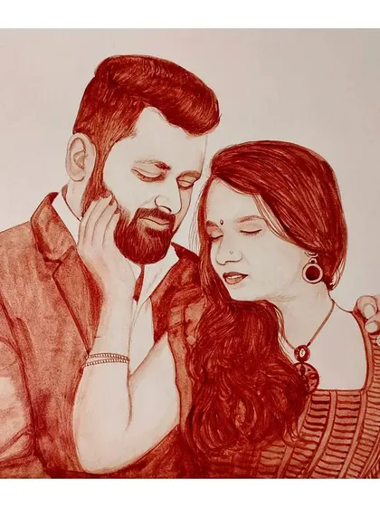 An intimate and romantic couple's portrait painted with blood. I focus on capturing the connection and emotion between the two individuals.