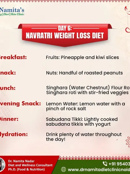 On Day 6 of the Navratri diet, you can have pineapple and kiwi for breakfast, singhara flour roti with veggies for lunch, and sabudana tikkis for dinner. Lemon water is a great evening snack to refresh you.