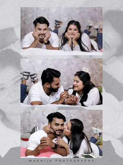 Pre-wedding shoots can be cozy and personal. This collage captures a couple's playful and intimate moments in a relaxed, indoor setting, showing a different, more personal side to their story.