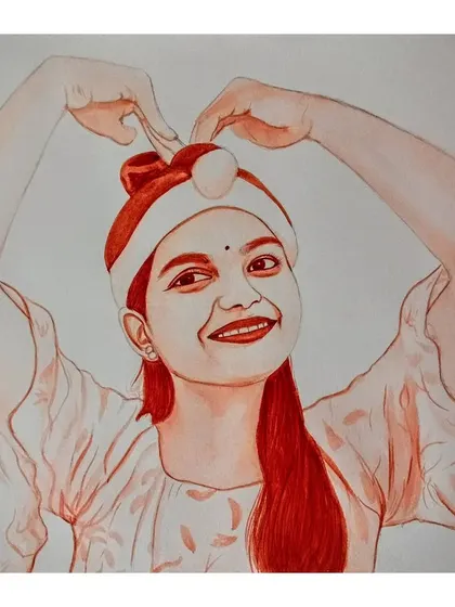 A festive blood portrait of a woman wearing a Santa hat and making a heart shape with her hands.