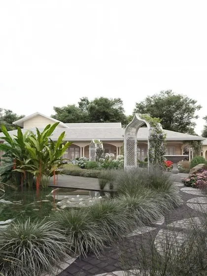 A different angle of the farmhouse design, focusing on the pond and the lush, almost wild planting style.